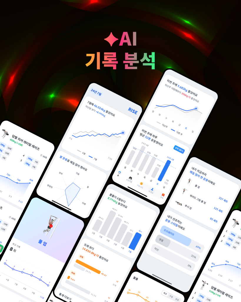 월간 볼륨, 주간 비교, 부위별 레이더 차트 등 AI 기록 분석 화면 모음