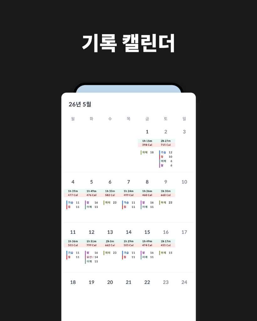 5월 운동 시간, 칼로리, 부위별 세트가 표시된 기록 캘린더